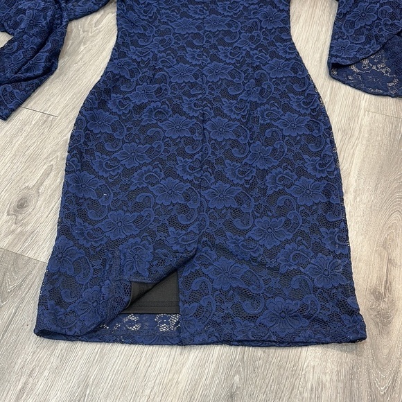 Navy Blue Lace Dress Women’s Large Bodycon Midi Cocktail Dress Bell Flare Sleeve - Picture 5 of 7